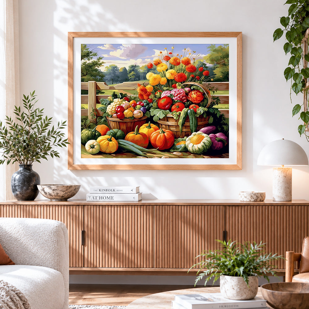 Finished vegetable and flower basket paint by numbers artwork displayed as home decor