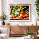 Finished vegetables and enamel pot cross stitch artwork displayed