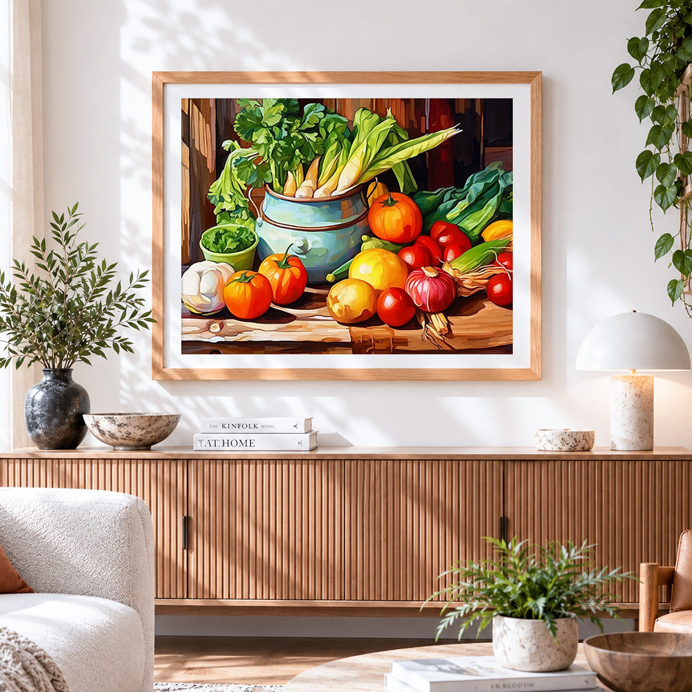 Finished vegetables and enamel pot cross stitch artwork displayed