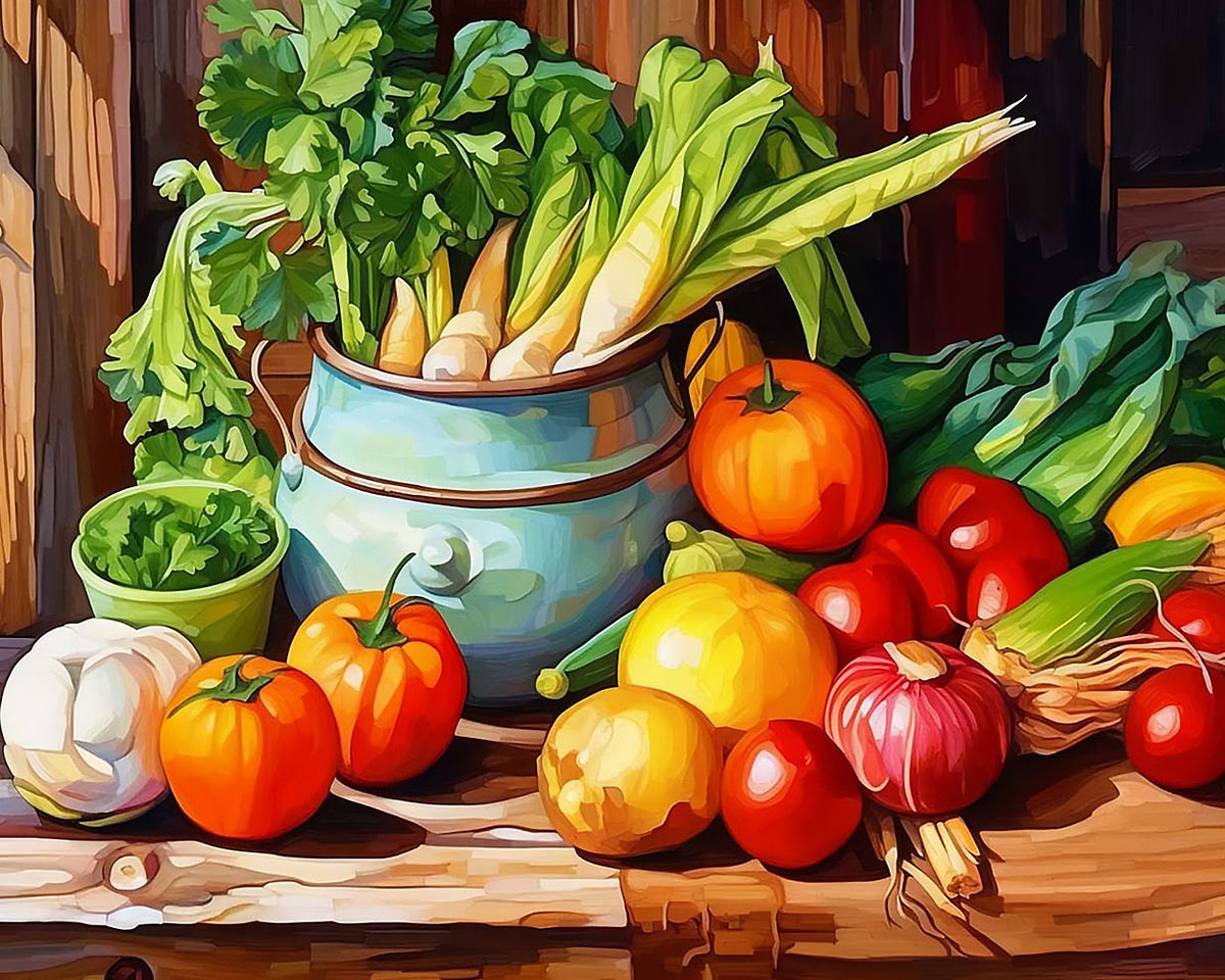Vegetables and enamel pot cross stitch kit for beginners