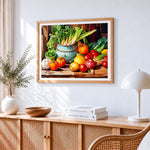 Vegetables and enamel pot cross stitch artwork displayed on wall as home decor