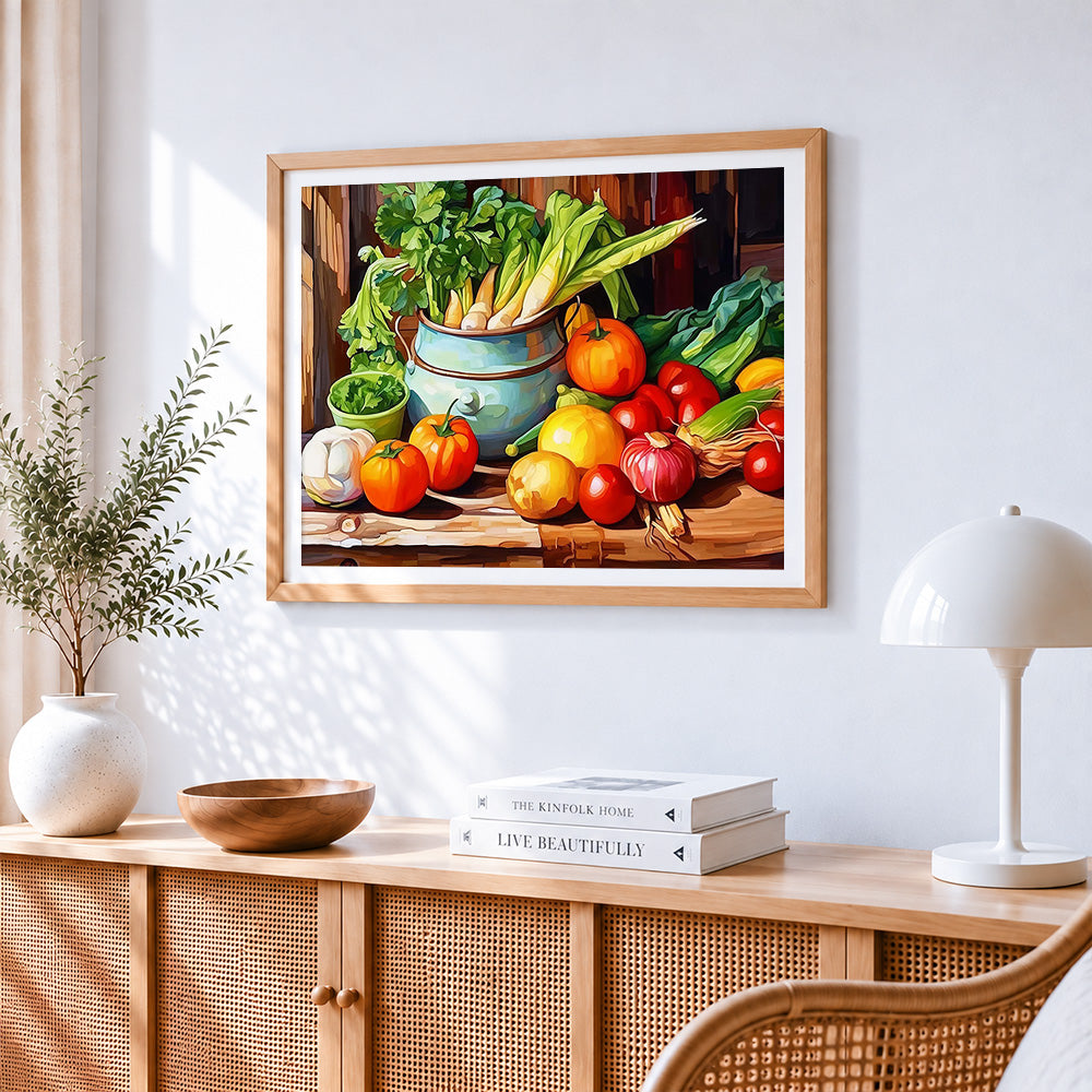 Vegetables and enamel pot paint by numbers artwork displayed on wall as home decor