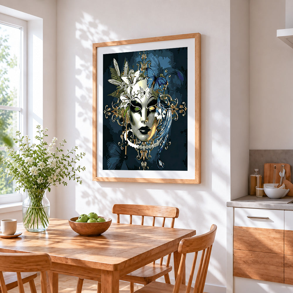 Venetian masquerade mask portrait cross stitch artwork displayed on wall as home decor