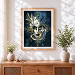 Finished venetian masquerade mask portrait paint by numbers artwork displayed as home decor