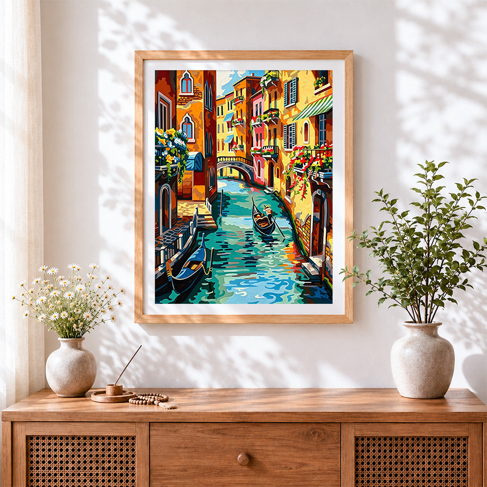 Finished venetian waterway cross stitch artwork displayed