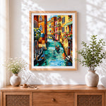 Finished venetian waterway cross stitch artwork displayed