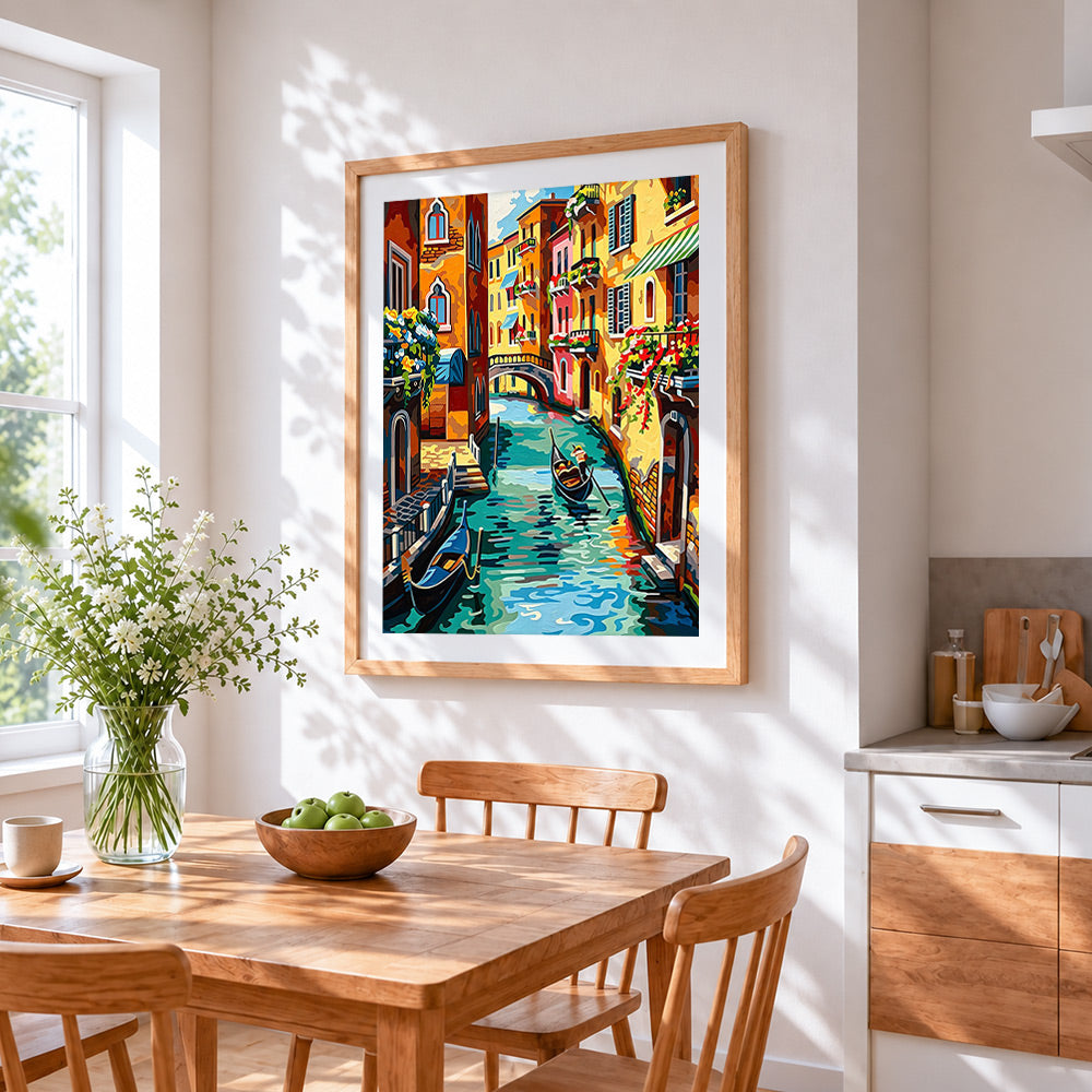 Venetian waterway cross stitch artwork displayed on wall as home decor