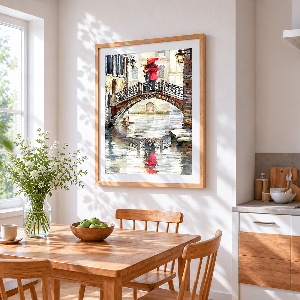 Venice bridge and couple cross stitch artwork displayed on wall as home decor