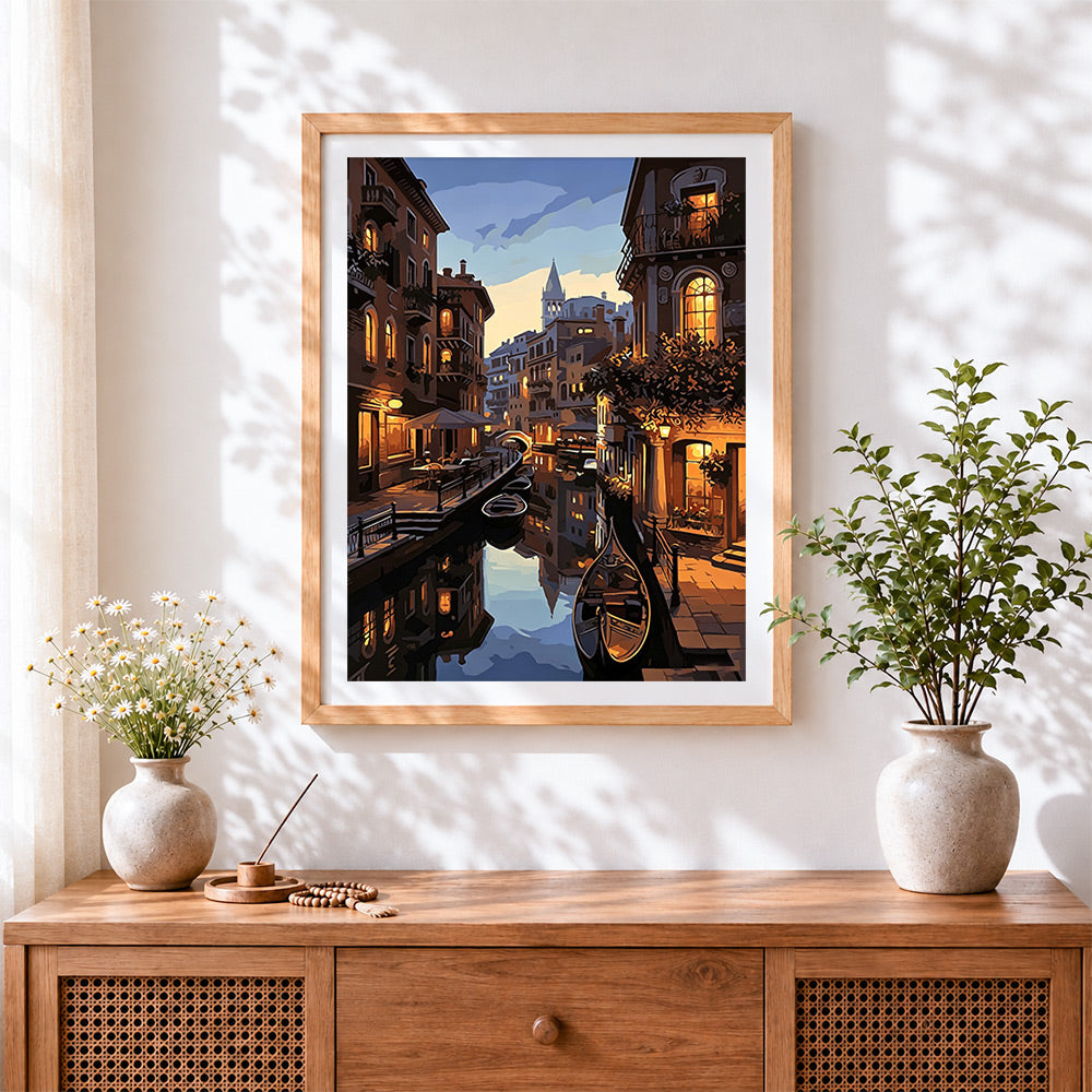Finished venice canal at dusk cross stitch artwork displayed