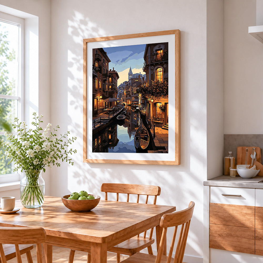Venice canal at dusk paint by numbers artwork displayed on wall as home decor