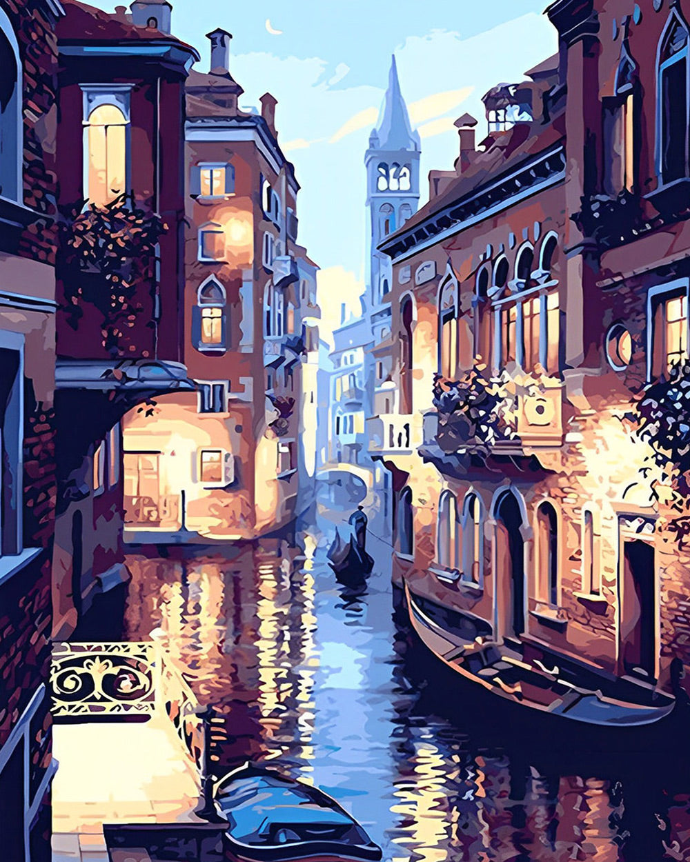 Venice canal at dusk with gondola cross stitch kit for beginners