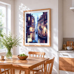 Venice canal at dusk with gondola cross stitch artwork displayed on wall as home decor