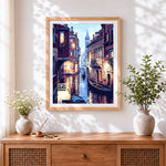 Finished venice canal at dusk with gondola paint by numbers artwork displayed as home decor