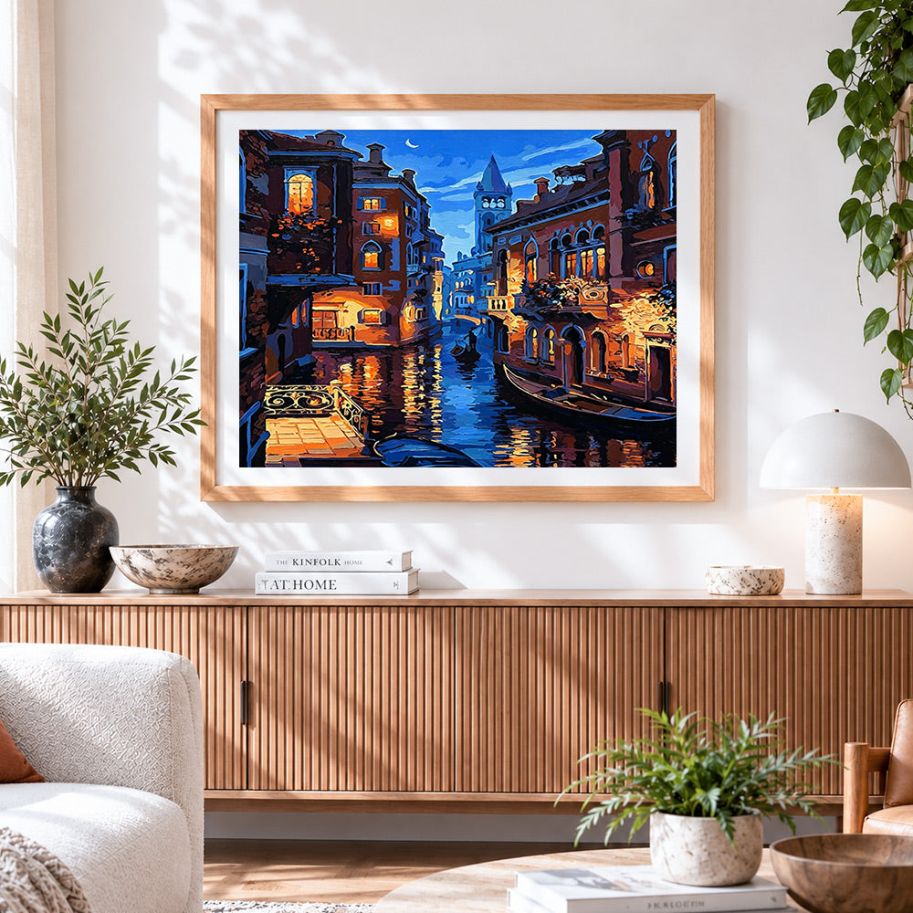 Finished venice canal at night cross stitch artwork displayed