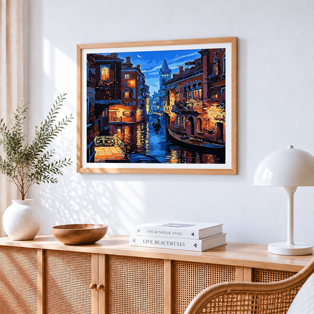 Venice canal at night paint by numbers artwork displayed on wall as home decor