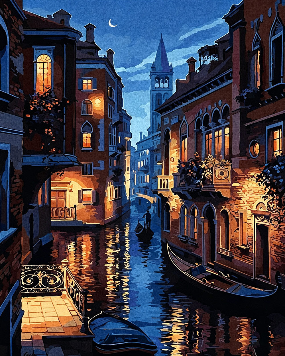 Venice canal at night with gondola cross stitch kit for beginners