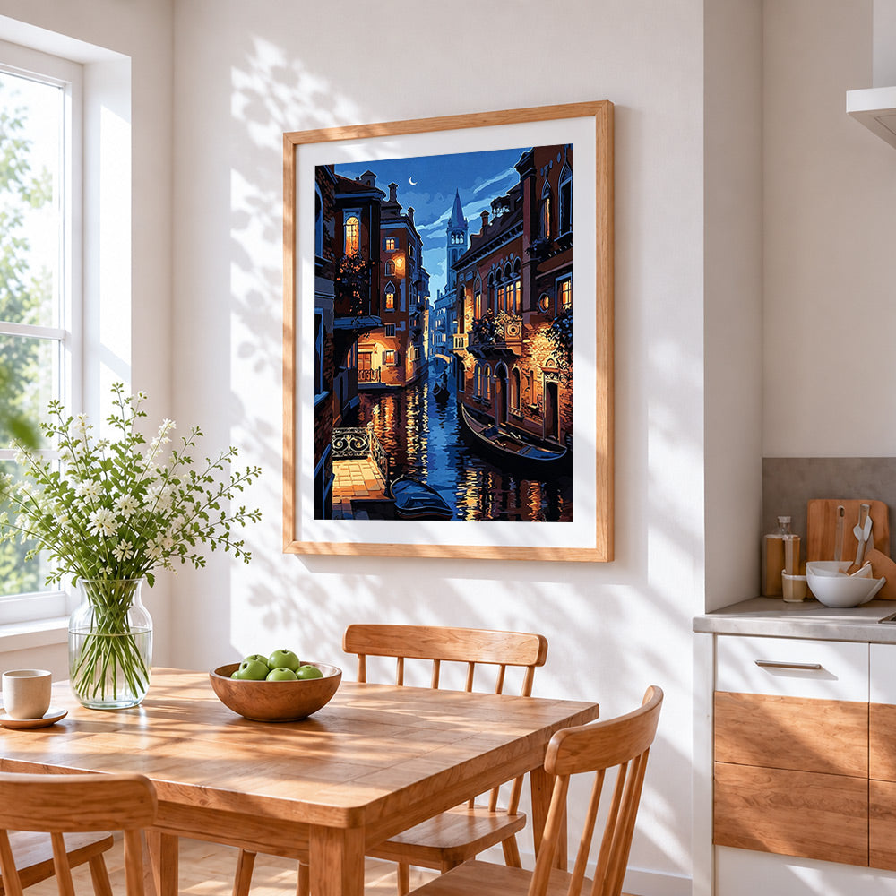 Venice canal at night with gondola paint by numbers artwork displayed on wall as home decor