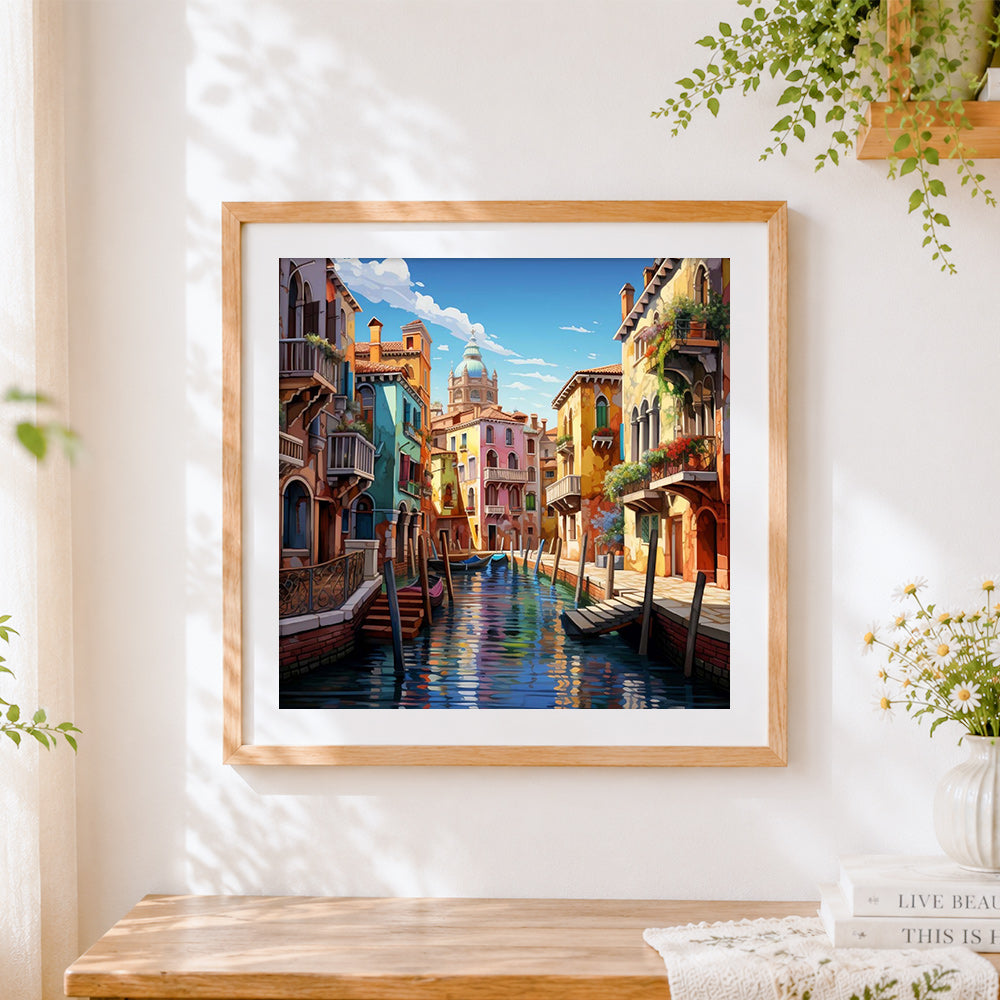 Finished venice canal with gondolas cross stitch artwork displayed