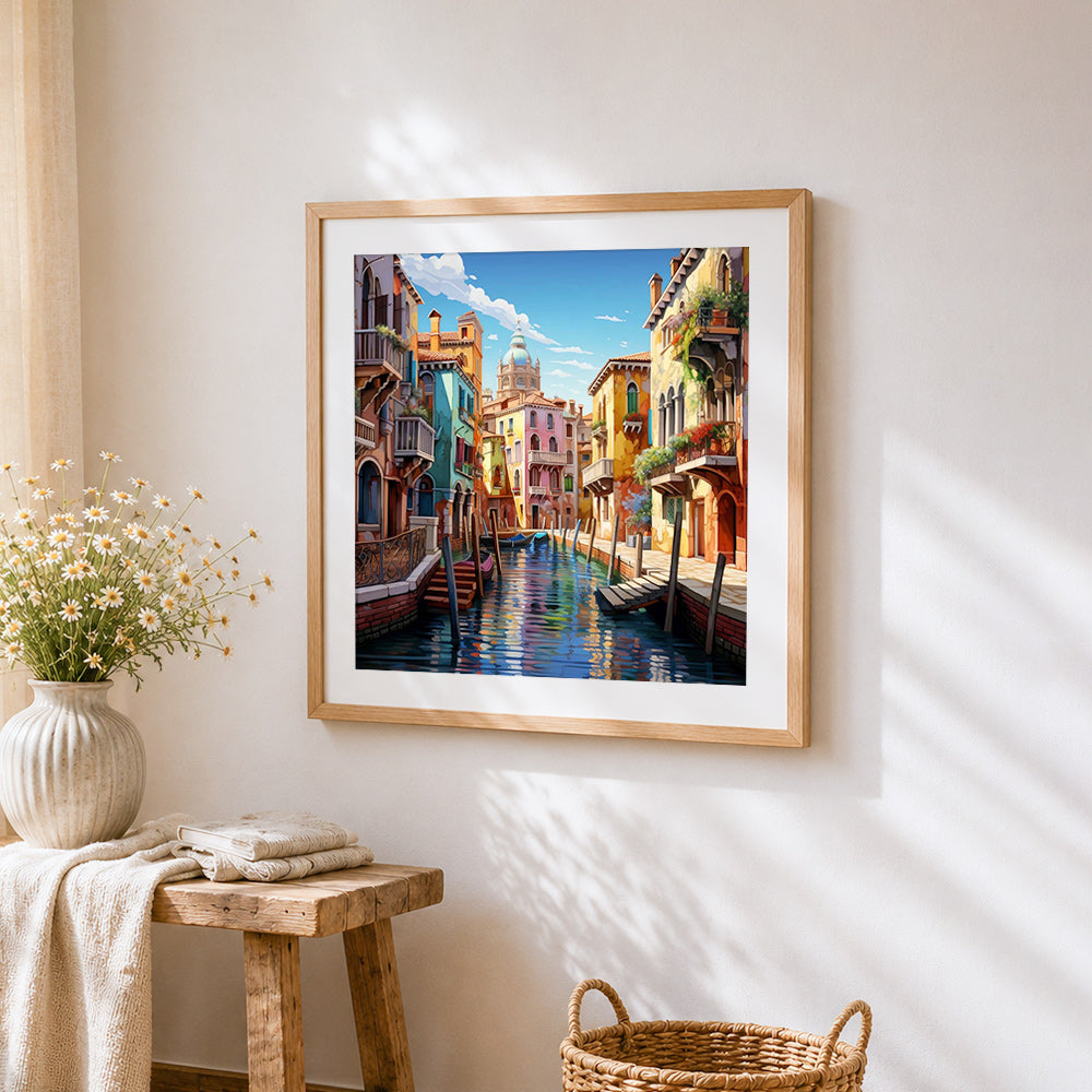 Venice canal with gondolas cross stitch artwork displayed on wall as home decor
