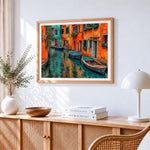 Venice colourful canal cross stitch artwork displayed on wall as home decor
