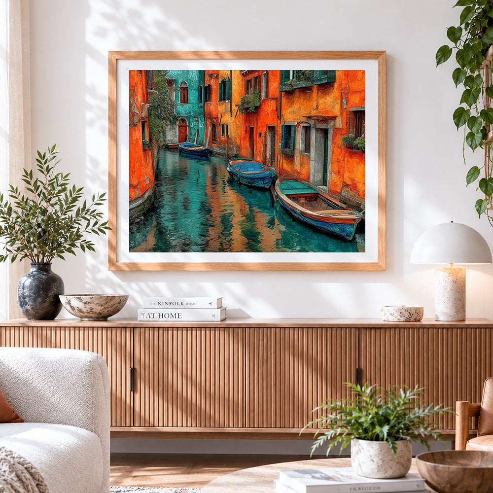 Finished venice colourful canal paint by numbers artwork displayed as home decor