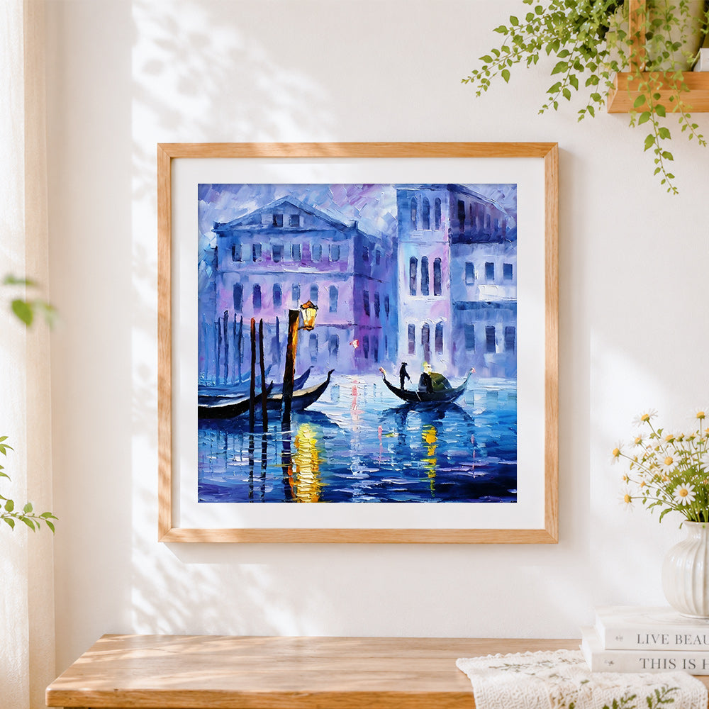 Finished venice gondola moonlight cross stitch artwork displayed