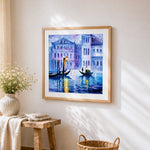 Venice gondola moonlight cross stitch artwork displayed on wall as home decor