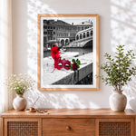 Finished venice mask and red rose cross stitch artwork displayed