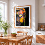 Vibrant abstract buddha face cross stitch artwork displayed on wall as home decor