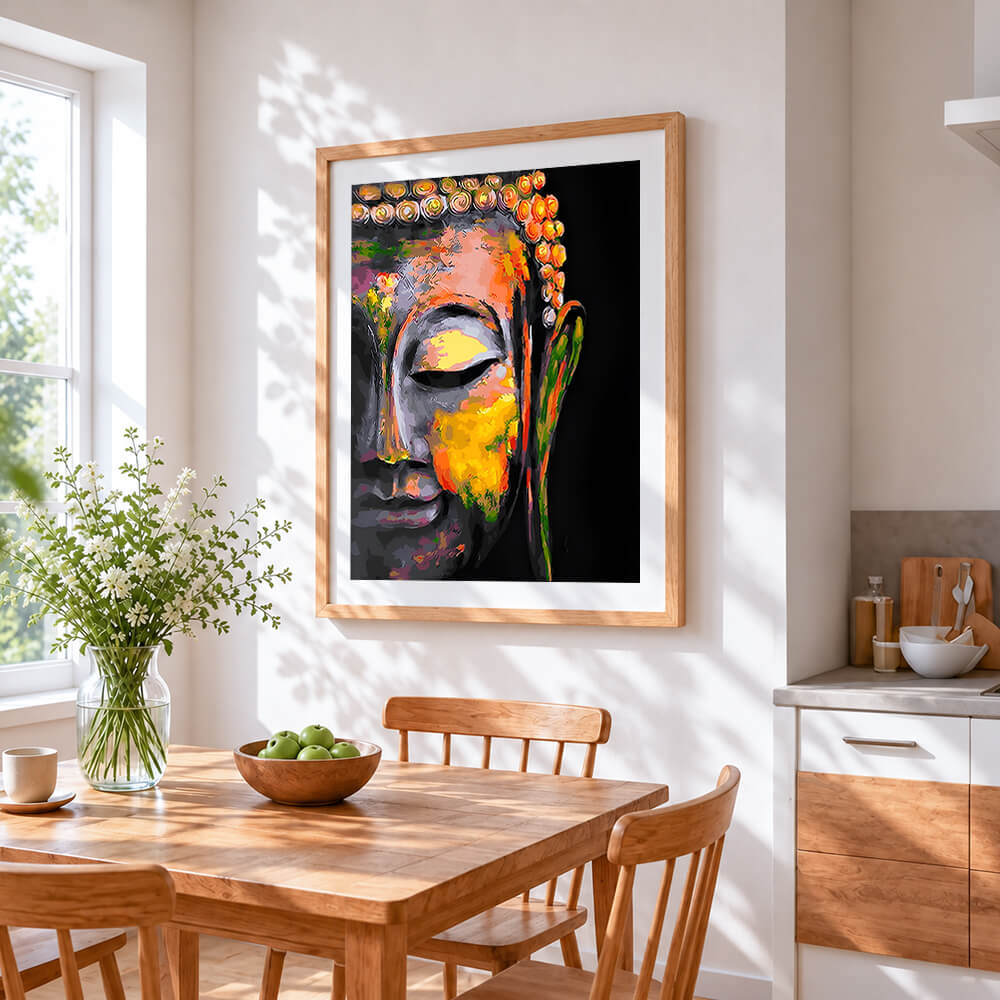 Vibrant abstract buddha face paint by numbers artwork displayed on wall as home decor