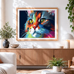 Finished vibrant abstract cat portrait cross stitch artwork displayed