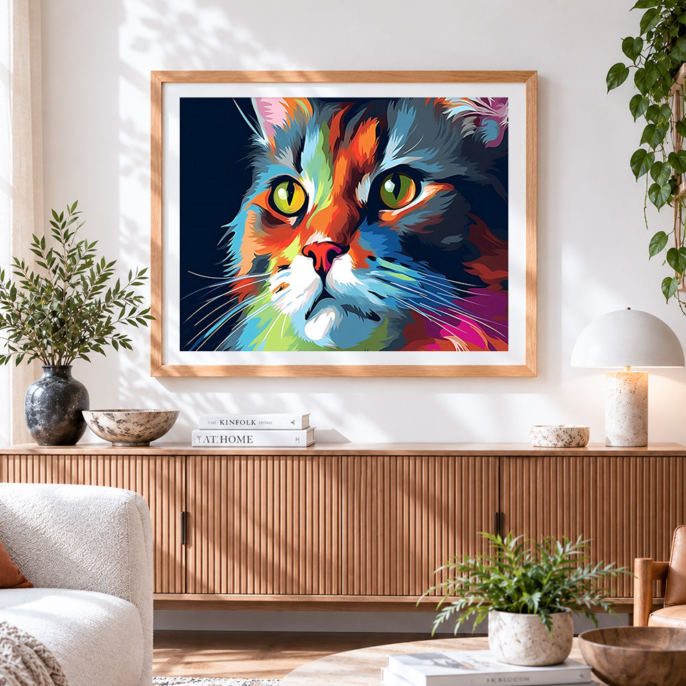 Finished vibrant abstract cat portrait paint by numbers artwork displayed as home decor