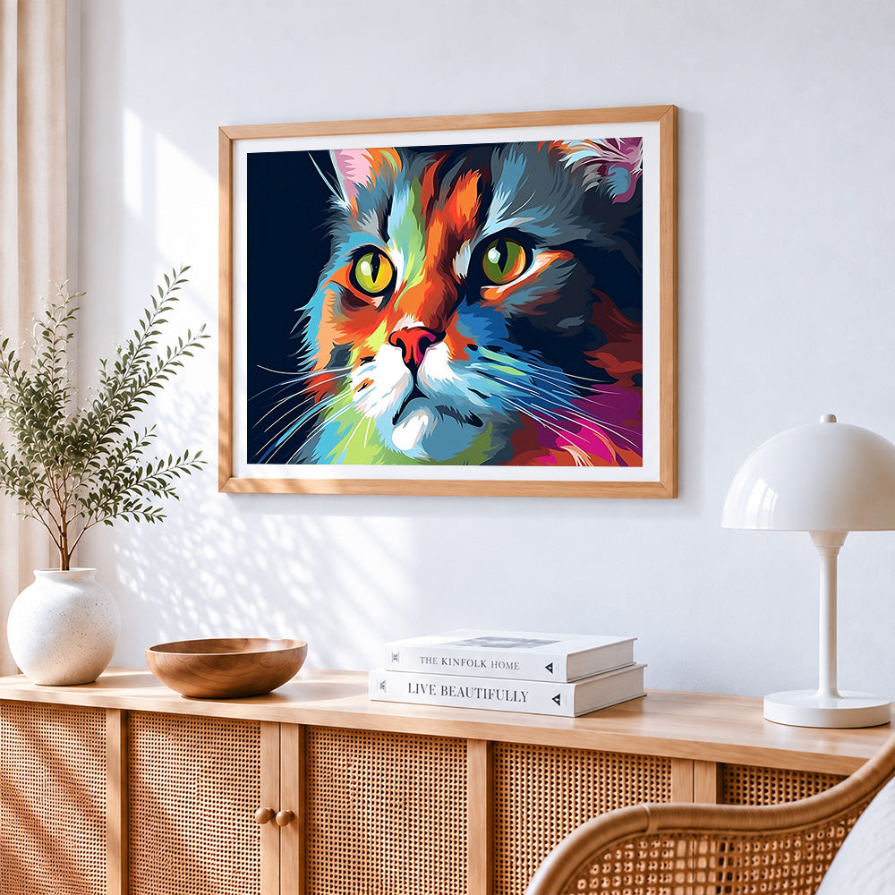 Vibrant abstract cat portrait paint by numbers artwork displayed on wall as home decor