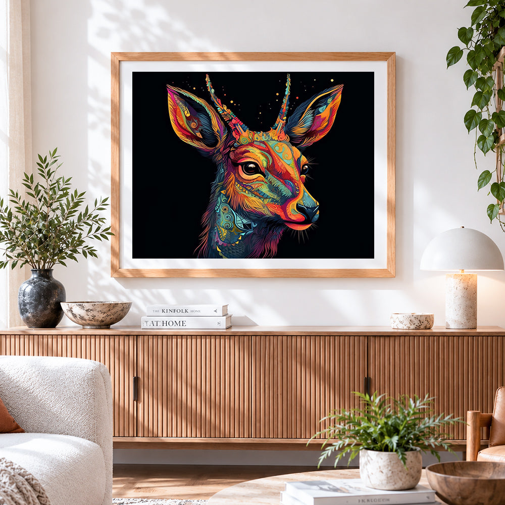 Finished vibrant abstract deer cross stitch artwork displayed