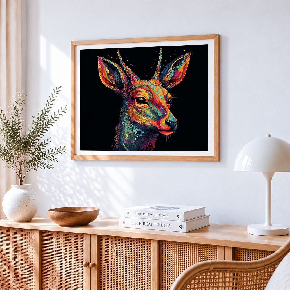 Vibrant abstract deer paint by numbers artwork displayed on wall as home decor