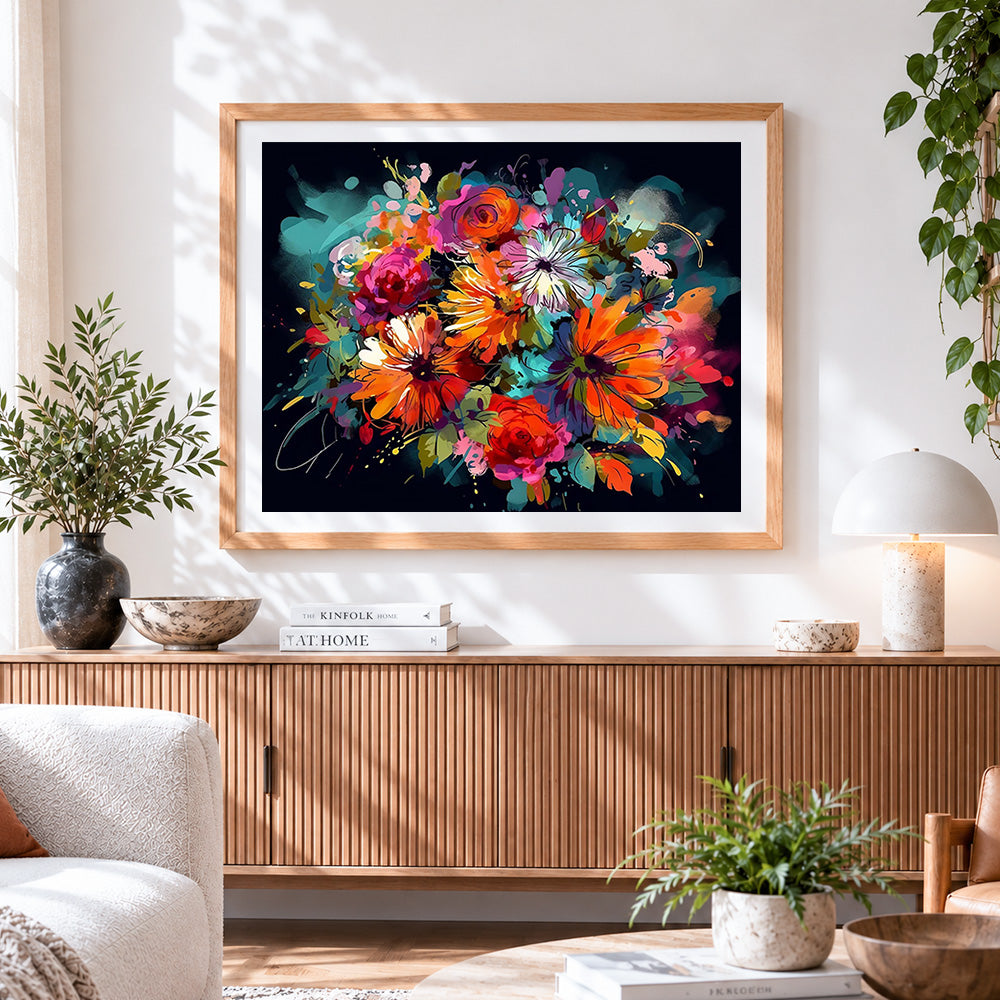 Finished vibrant abstract floral bouquet on black paint by numbers artwork displayed as home decor