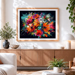 Finished vibrant abstract floral bouquet on black paint by numbers artwork displayed as home decor