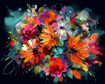 Vibrant abstract floral bouquet on black paint by numbers kit for beginners