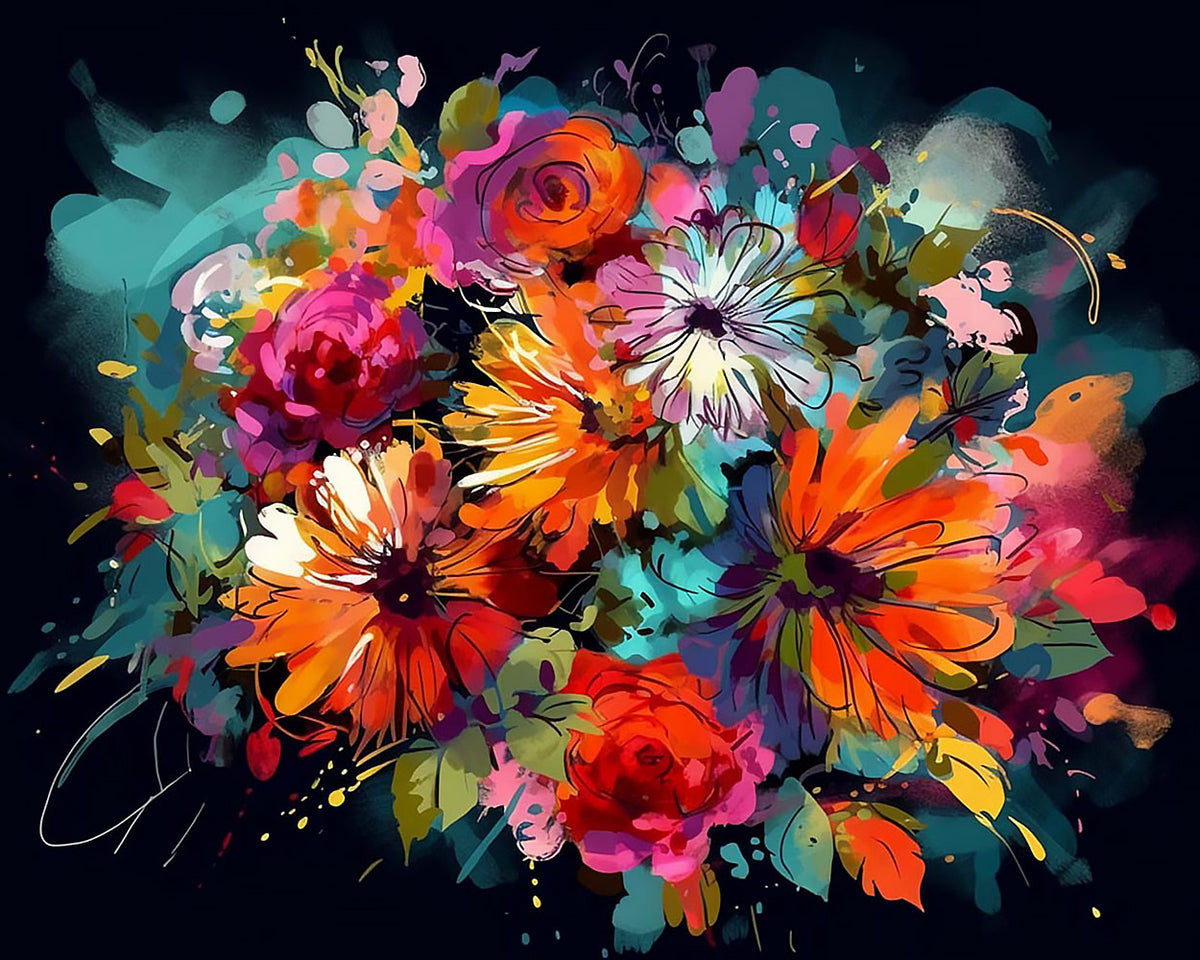 Vibrant abstract floral bouquet on black paint by numbers kit for beginners