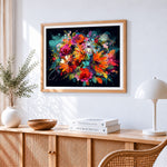 Vibrant abstract floral bouquet on black paint by numbers artwork displayed on wall as home decor