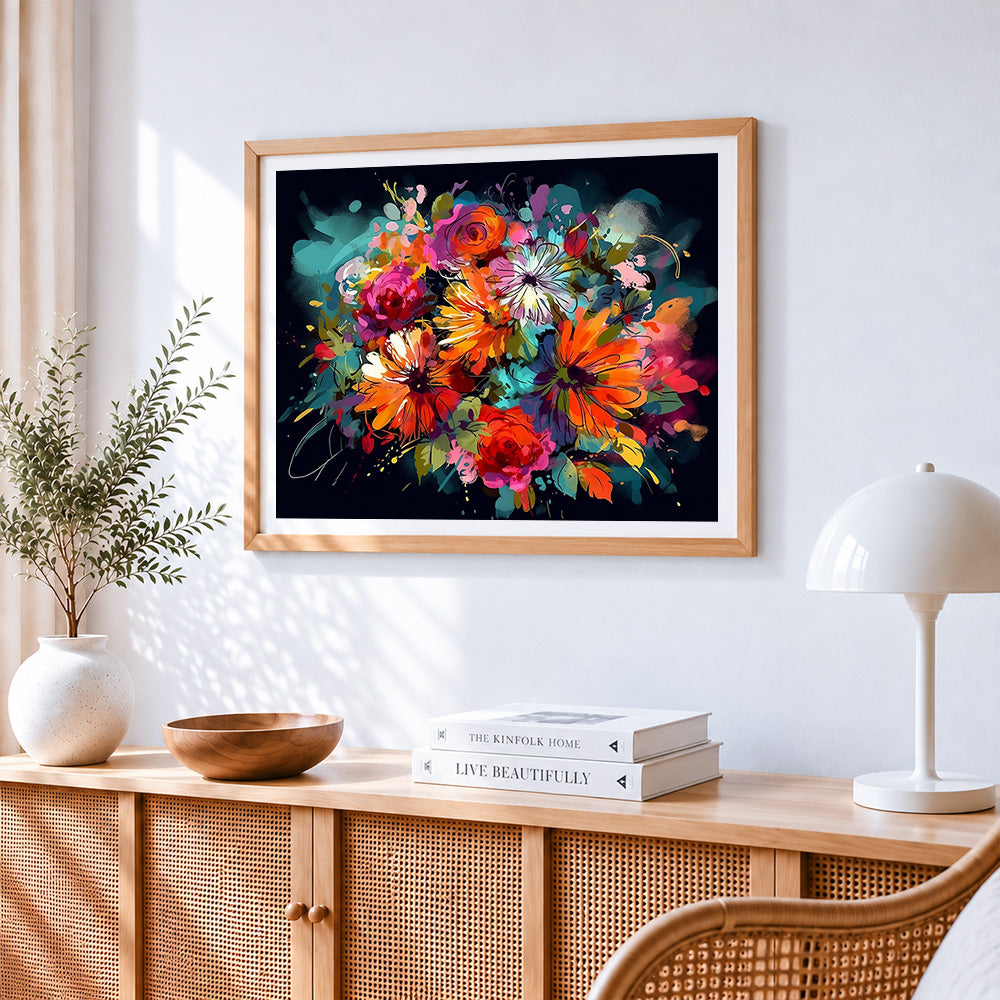 Vibrant abstract floral bouquet on black paint by numbers artwork displayed on wall as home decor