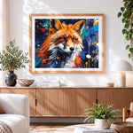 Finished vibrant abstract fox portrait cross stitch artwork displayed