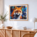 Vibrant abstract fox portrait cross stitch artwork displayed on wall as home decor