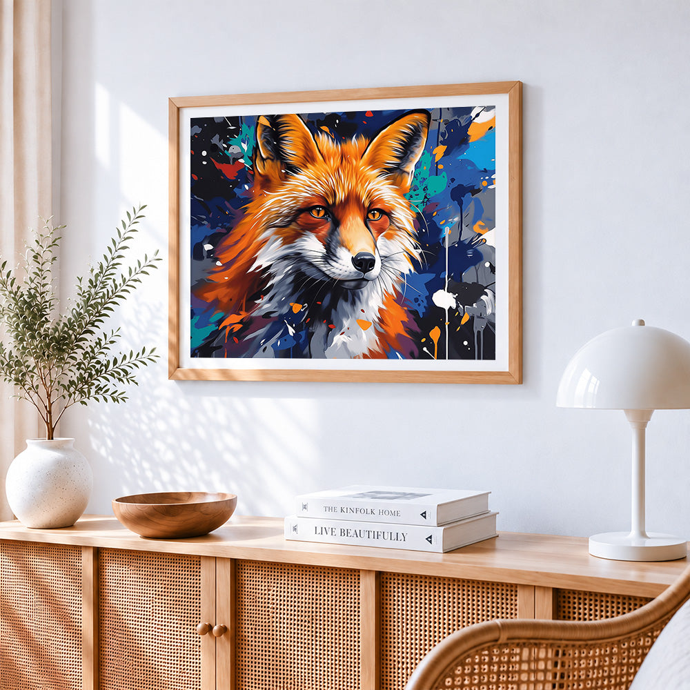 Vibrant abstract fox portrait cross stitch artwork displayed on wall as home decor