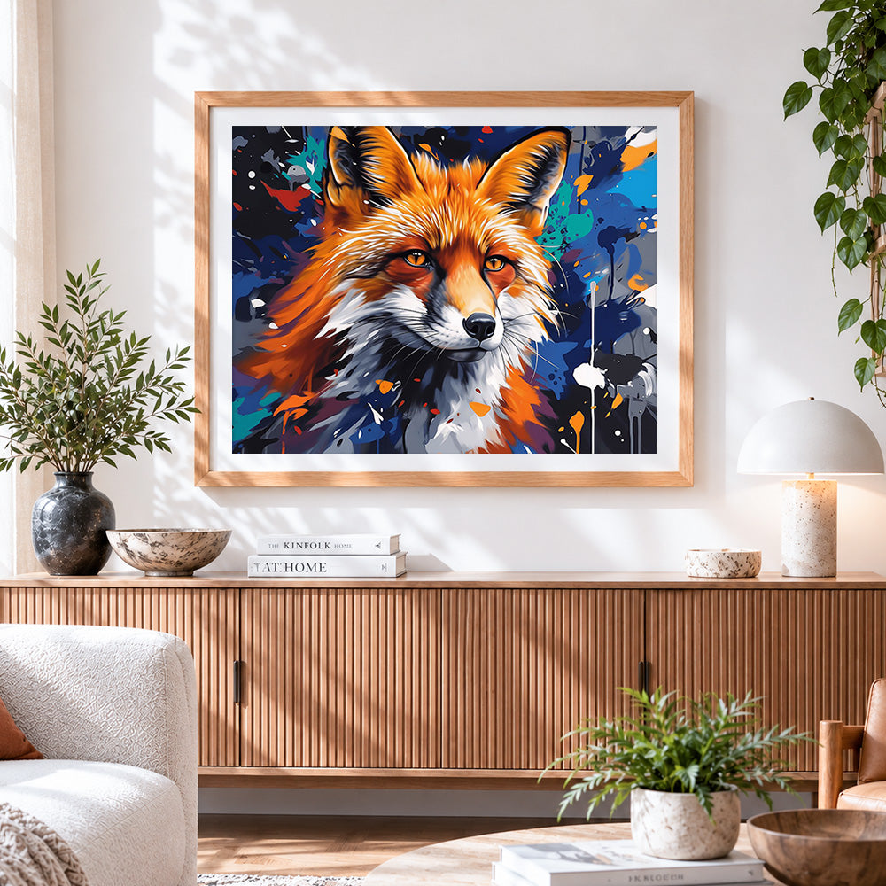 Finished vibrant abstract fox portrait paint by numbers artwork displayed as home decor