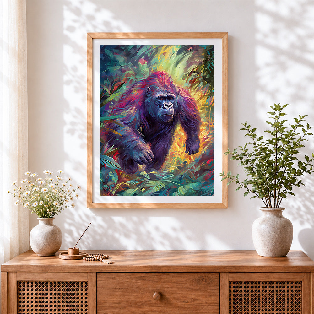 Finished vibrant abstract gorilla in the jungle cross stitch artwork displayed