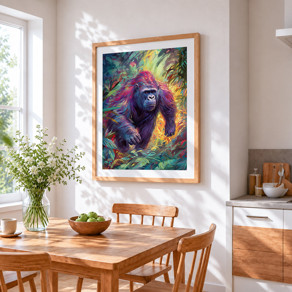 Vibrant abstract gorilla in the jungle cross stitch artwork displayed on wall as home decor