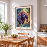Vibrant abstract gorilla in the jungle cross stitch artwork displayed on wall as home decor