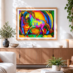 Finished vibrant abstract horse cross stitch artwork displayed