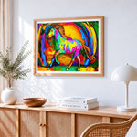 Vibrant abstract horse cross stitch artwork displayed on wall as home decor